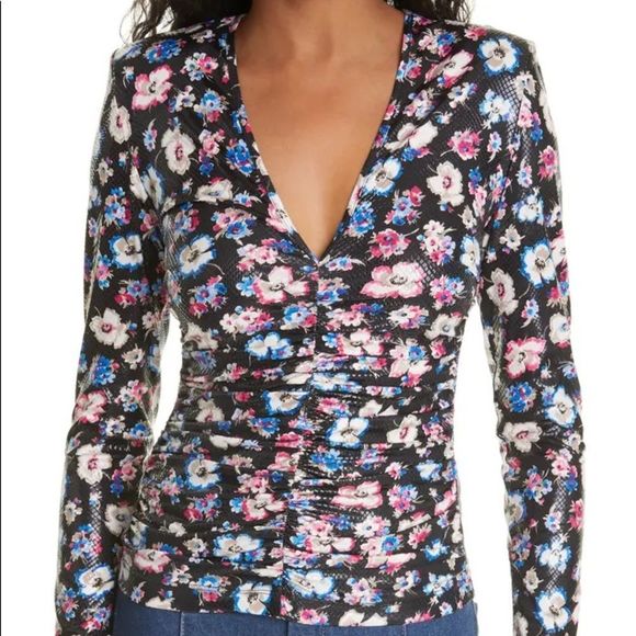 ROTATE Birger Sierra floral ruched long sleeve top black multi nwot - Picture 3 of 14